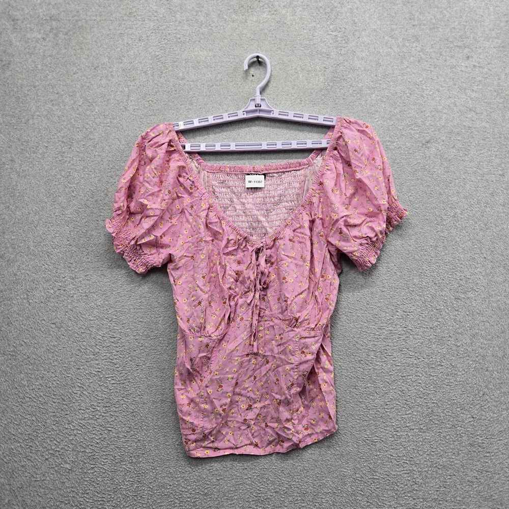 Torrid Women Blouse 2 Pink Floral Peasant Milkmaid Ruffle Shirred Babydoll